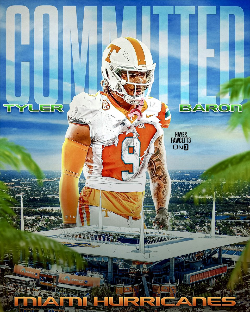 BREAKING: Former Tennessee EDGE Tyler Baron has Committed to Miami, he tells @on3sports Baron committed to Ole Miss this winter before flipping to Louisville Was the Top Available Player in the Transfer Portal (per On3) on3.com/db/tyler-baron…