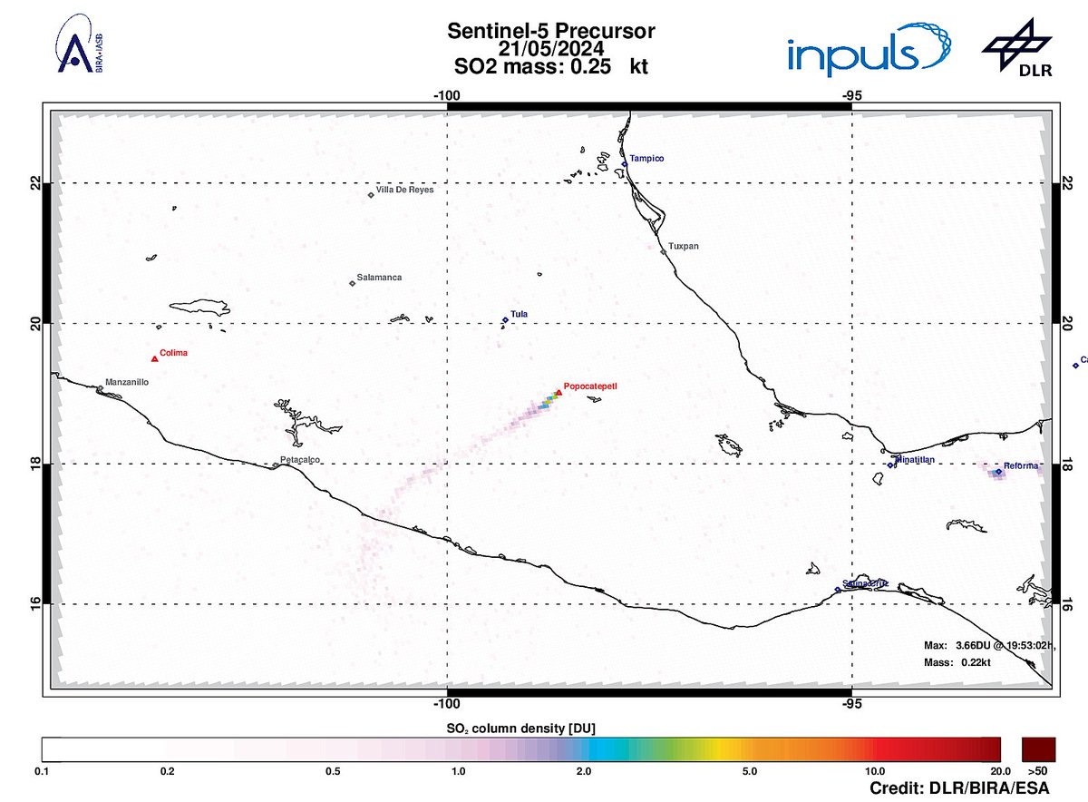 On 2024-05-21 #TROPOMI has detected an enhanced SO2 signal of 3.66DU at a distance of 20.0km to #Popocatepetl. #DLR_inpuls @tropomi #S5p #Sentinel5p @DLR_en @BIRA_IASB @ESA_EO #SO2LH