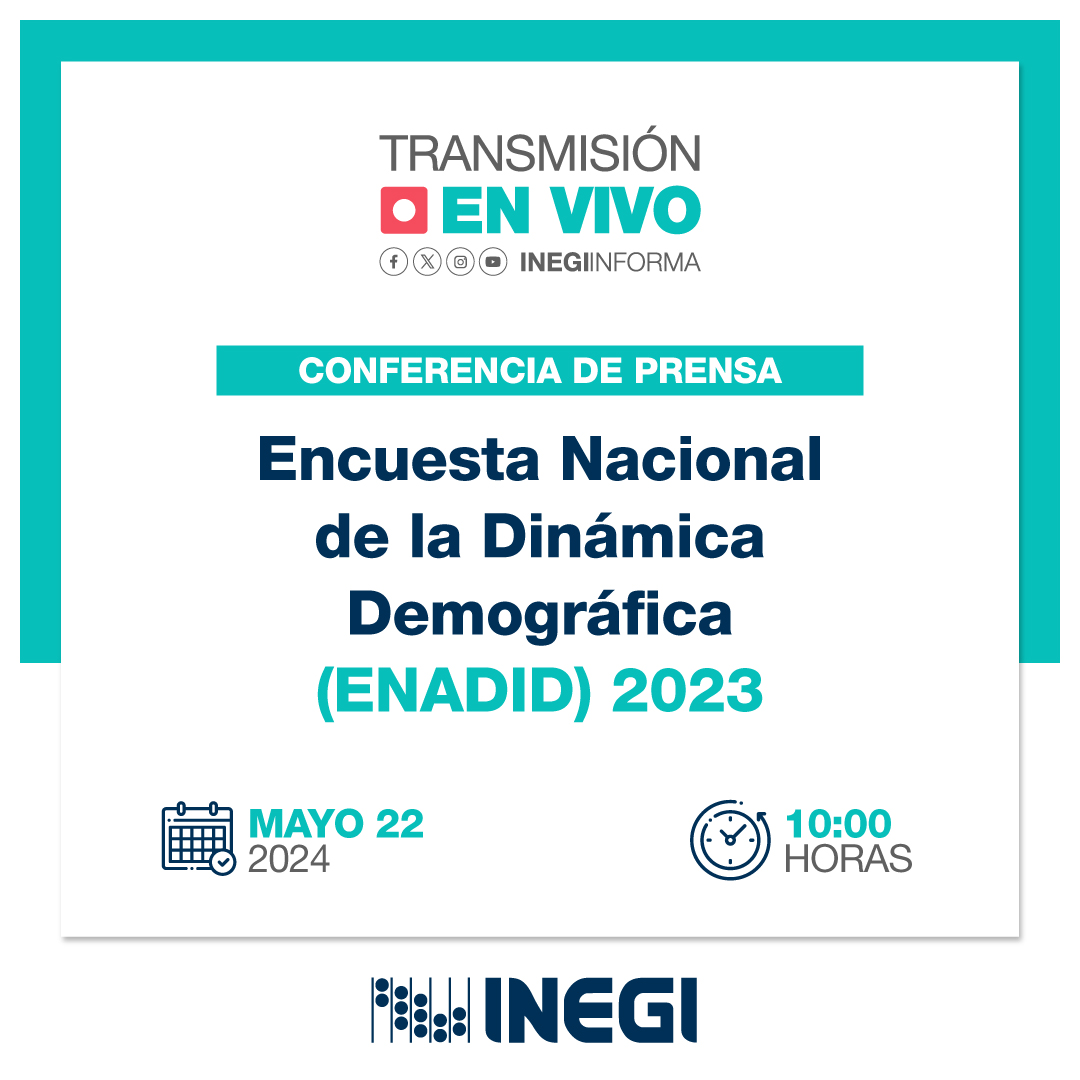 📢 ¡No te la pierdas! Sigue la transmisión #EnVivo de la Conferencia de Prensa de la Encuesta Nacional de la Dinámica Demográfica #ENADID 2023.

🗓️ Mayo 22
🕙 10:00 horas
🖥️ youtube.com/live/eHfA54MJN…
