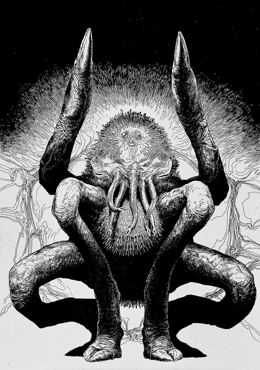 🕷️Fully ten feet high despite a shambling, crouching attitude expressive of infinite cosmic malignancy, a monstrosity of unbelievable horror was shewn starting forward from a Cyclopean ivory throne covered with grotesque carvings🎨Art: Ernő Juhász🕷️#HPLovecraft #Monster #Horror