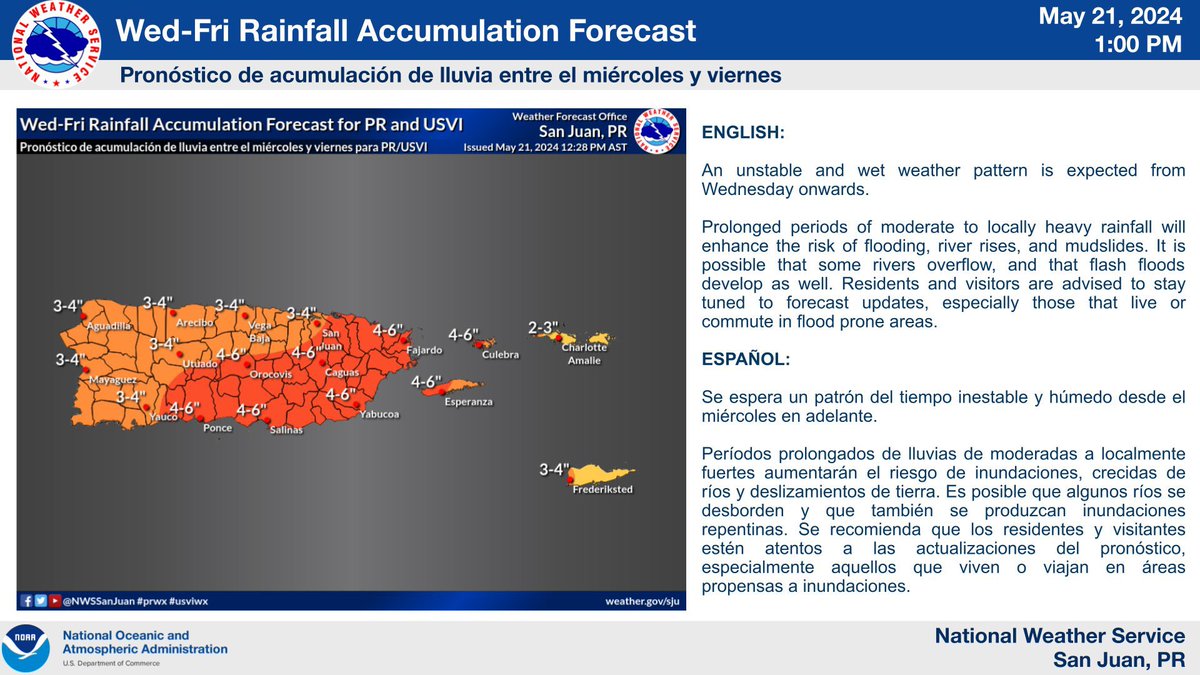 ⛈ A partir de mañana miércoles se espera un aumento en la actividad de aguaceros y tronadas por la presencia de una vaguada. Esto resultará en un riesgo elevado de inundaciones. Entre el mañana y el viernes podrían caer de 4 a 6 pulgadas de lluvia mayormente al E y SE de PR.