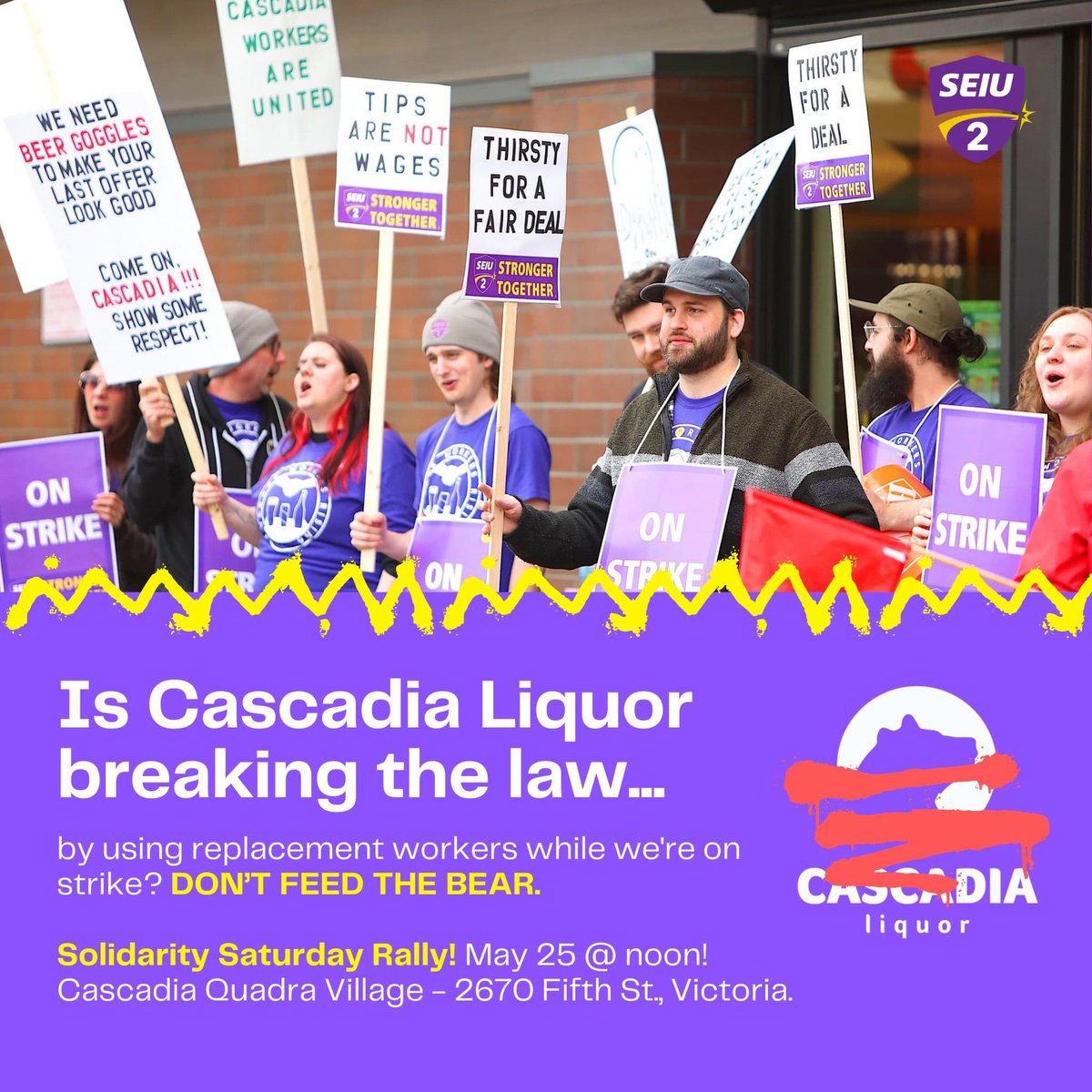 seiulocal2can's tweet photo. Is @CascadiaLIQ breaking the law? Yeah, we sure think so! 😡

We've filed an unfair labour practice against them at the BC Labour Board for using replacement workers while we're on strike. 

📢 Join us on Saturday, May 25 at noon outside Cascadia Quadra Village. https://t.co/vk5xJaO7Jh