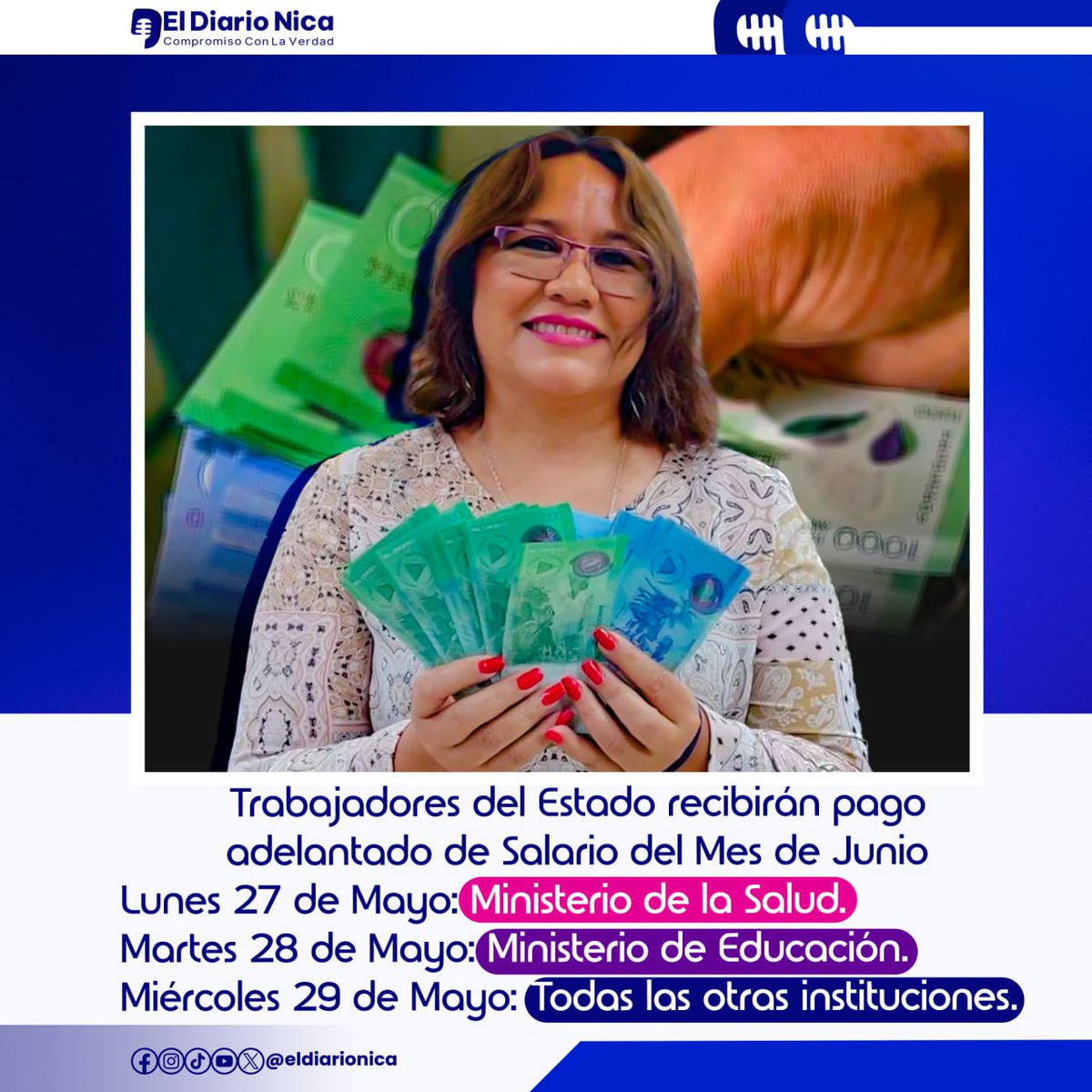 Vicepresidenta de #Nicaragua Rosario Murillo, informó las fechas del pago de salario del mes de junio para los Servidores Público.