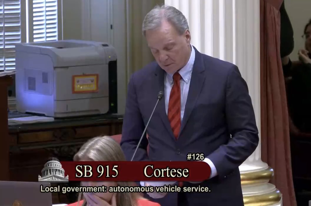SB 915 successfully passed the Senate Floor today. This bill allows local governments to weigh in on the operations of autonomous vehicle services on local streets and roads. instagram.com/p/C7P28YYPJKs/…