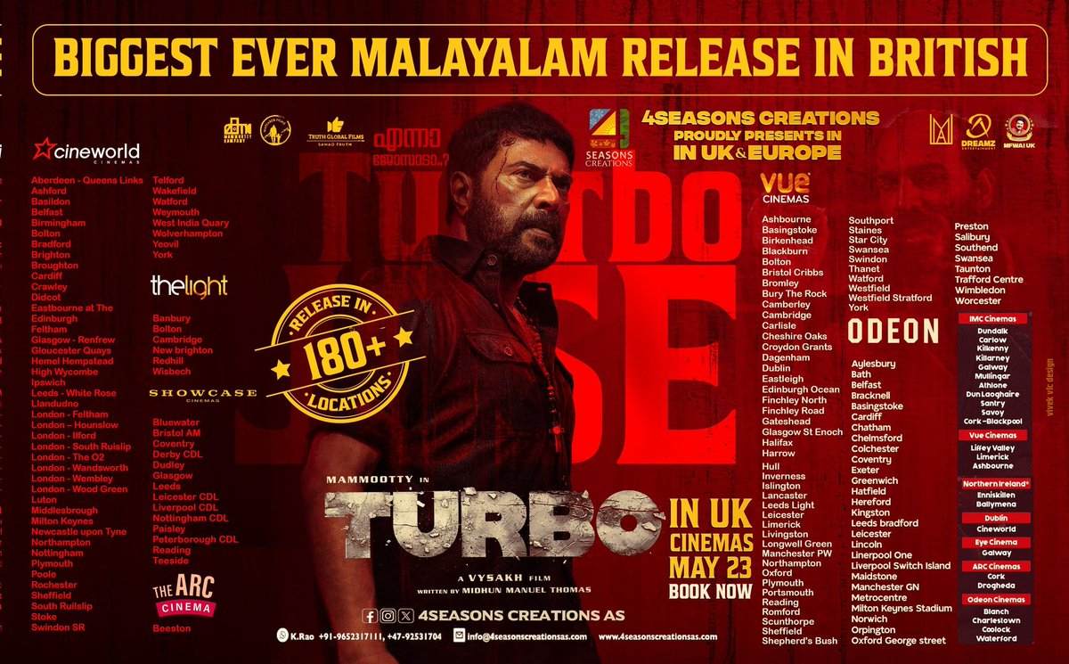 #Turbo Biggest Ever Malayalam Release In UK-IRELAND 🇮🇪🇬🇧 Boxoffice. Release in 180+ Locations💥👌🏻