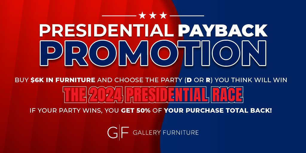 Make your furniture purchase count in more ways than one! Join the excitement of our Presidential Payback Promotion at Gallery Furniture and predict the winning party to get 50% back on your $6K+ furniture purchase. Visit galleryfurniture.biz/3R1aVdl for details!