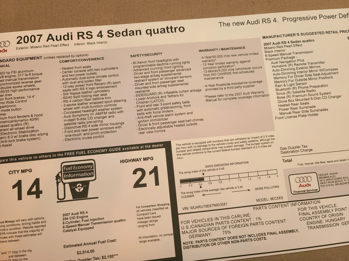 2007 Audi RS4 Sedan in Misano Red.  Not as many red RS4s out there as you might think! #windowsticker #monroney #audirs4 #misanored #germany #neckarsulm