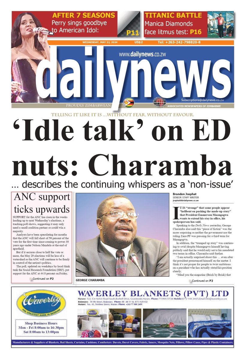 TODAY'S FRONT PAGE: 22 May , 2024 #dailynewszim #news #zimbabwe #zimnews #wednesday