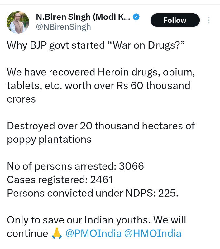 This was the actual reason of Manipur burning not what media said

Manipur's BJP govt started war against drugs in 2018
Manipur was one of biggest drugs producer of world and was part of drugs golden triangle 

Manipur govt seized drugs worth of Rs 60,000

Destroyed over 20000