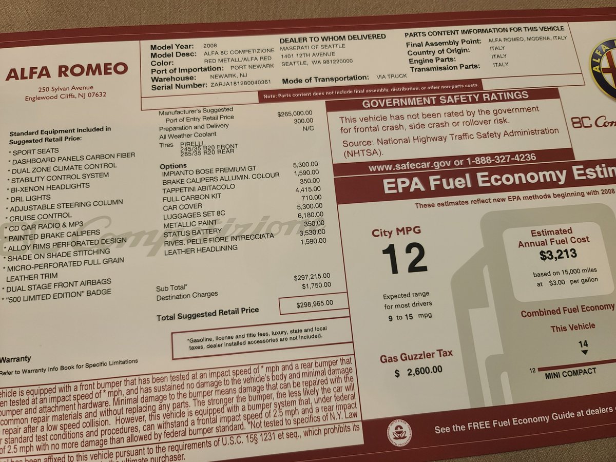 A pair of Italians completed in the last couple months: a 2021 Ferrari F8 Tributo and 2008 Alfa Romeo 8C Competizione. #windowsticker #monroney #f8tributo #alfa8c #competizione #italy