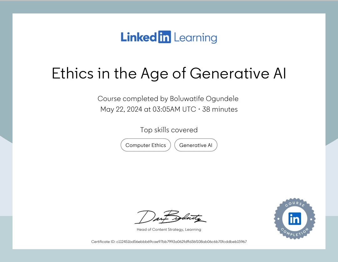 🎉 Thrilled to share that I've completed another module in the 'Career Essentials in Generative AI' course 'Ethics in the Age of Generative AI' by @Microsoft and @LI_learning with @3MTTNigeria.

#3MTT #3MTTLearningCommunity @bosuntijani @FMCIDENigeria