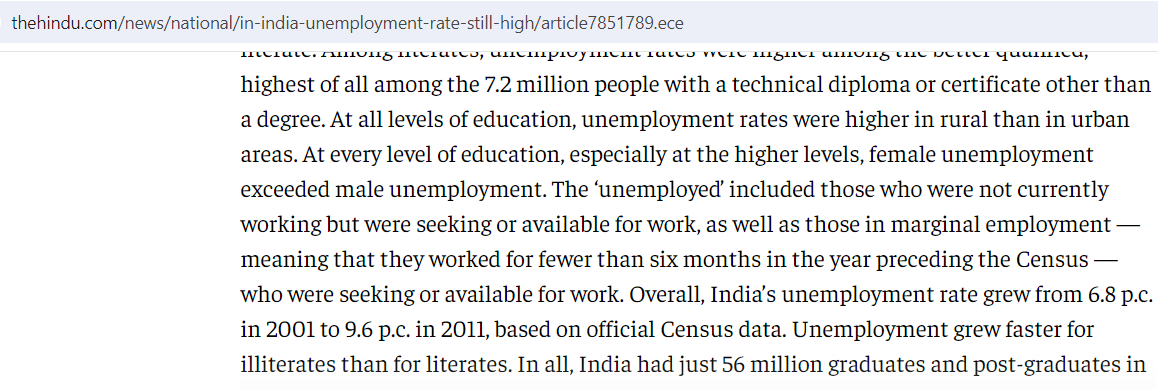 In 2011, as per official census data, unemployment rate in India was 9.6%

That was peak of UPA

Why don't more people know this?