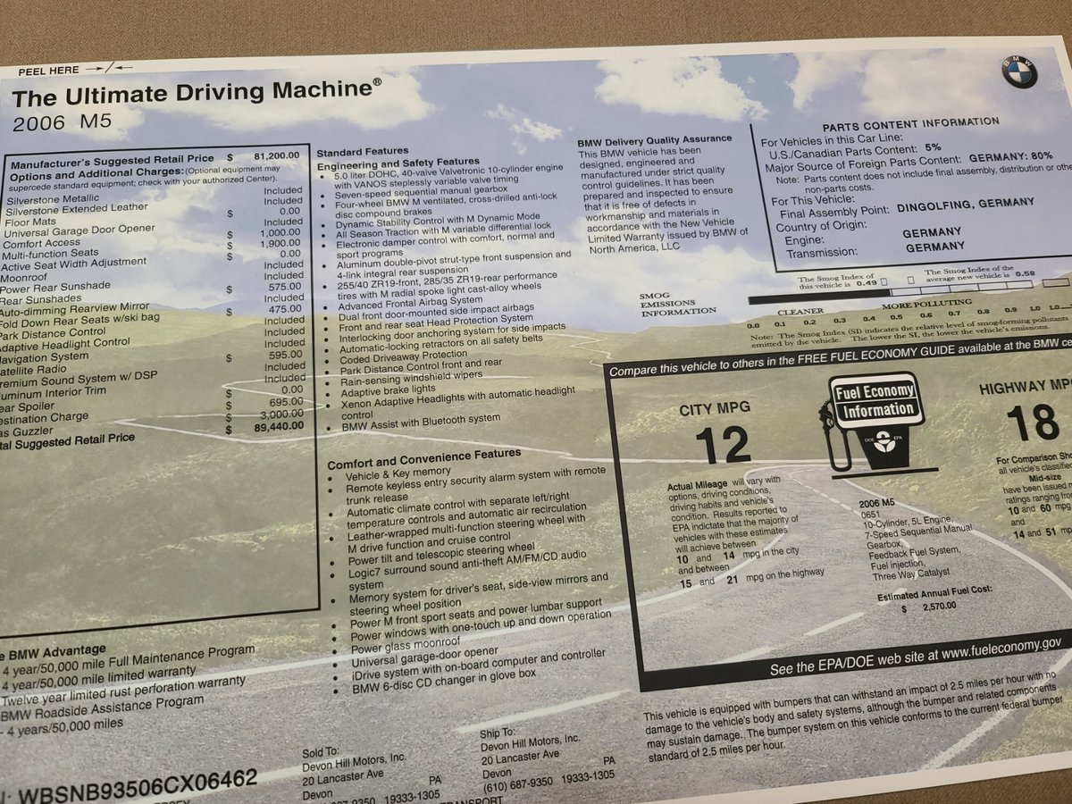 2006 BMW M5 Sedan that's Silverstone over Silverstone. #windowsticker #monroney #bmwm5 #germany #silverstone #ultimatedrivingmachine #bavaria