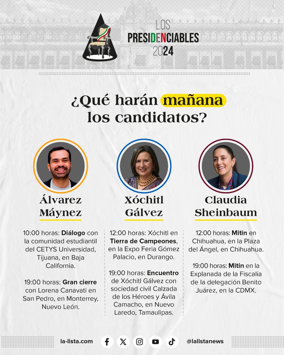 Estas son las actividades que los candidatos a la Presidencia de México, Jorge @AlvarezMaynez, @XochitlGalvez y @Claudiashein, tienen programadas para mañana. No te pierdas nuestra cobertura especial rumbo a las #Elecciones2024. 📌t.ly/nb0Gl