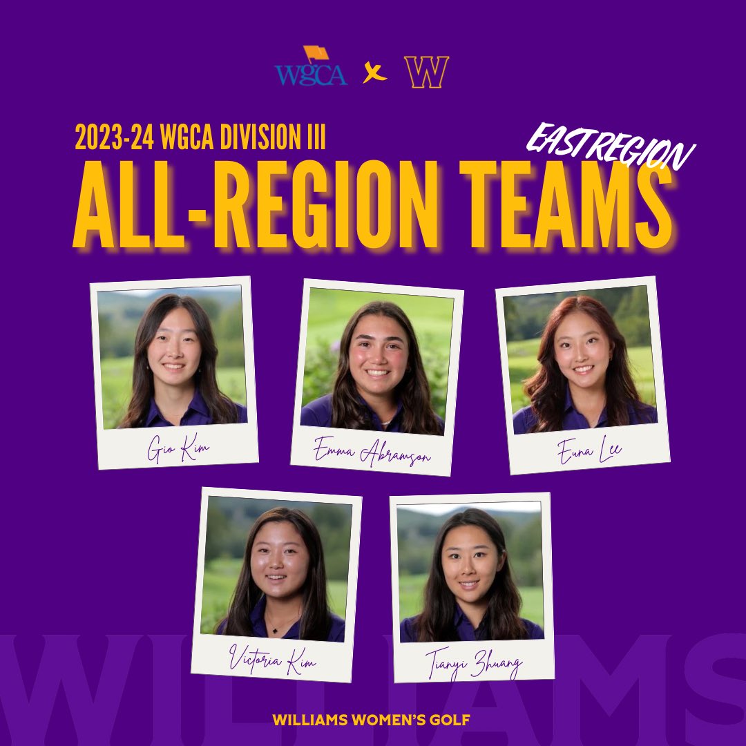 Three Ephs received <a href="/WGCAGOLF/">Women's Golf Coaches</a> DIII All-American recognition and five were named on the All-Region Team for the East Region. 

Congratulations to Gio Kim ‘25, Emma Abramson ‘27, Euna Lee ‘26, Victoria Kim ‘26 &amp; Tianyi Zhuang ‘24! 

#GoEphs 💜💛
<a href="/EphSports/">Williams College Ephs</a> <a href="/WilliamsCollege/">Williams College</a>