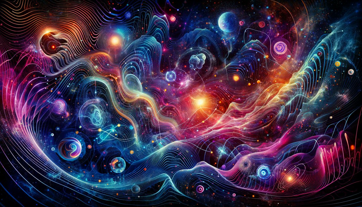 drew_ponder's tweet photo. #FrequencyWaveTheory #SpatialCoherence #WaveInterference #ResonanceHarmonics #DynamicFields #QuantumEntanglement #HolographicPrinciple #TopologicalStability #GeometricOptimization #ScientificVisualization
Here is the artistic visualization of the universe through frequency wave theory, depicting the interconnected waves, quantum fluctuations, cosmic inflation, wave-particle duality, dark matter, dark energy, gravitational waves, and consciousness interacting with the cosmic field. The image represents the dynamic equilibrium and interconnectedness of all phenomena with an abstract and scientific aesthetic. @joerogan @terrencehoward