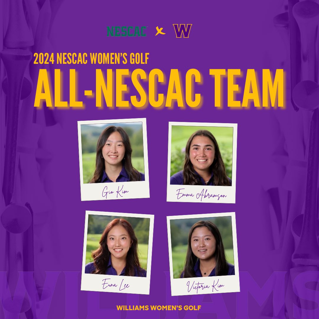 NESCAC Women’s Golf Awards

Golfer of the Year: Gio Kim ‘25
Rookie of the Year: Emma Abramson ‘27
Coach of the Year: Tomas Adalsteinsson

All-NESCAC First Team:
Emma Abramson
Gio Kim
Victoria Kim
Euna Lee

#GoEphs 💜💛
<a href="/EphSports/">Williams College Ephs</a> <a href="/WilliamsCollege/">Williams College</a> <a href="/NESCAC/">NESCAC</a>