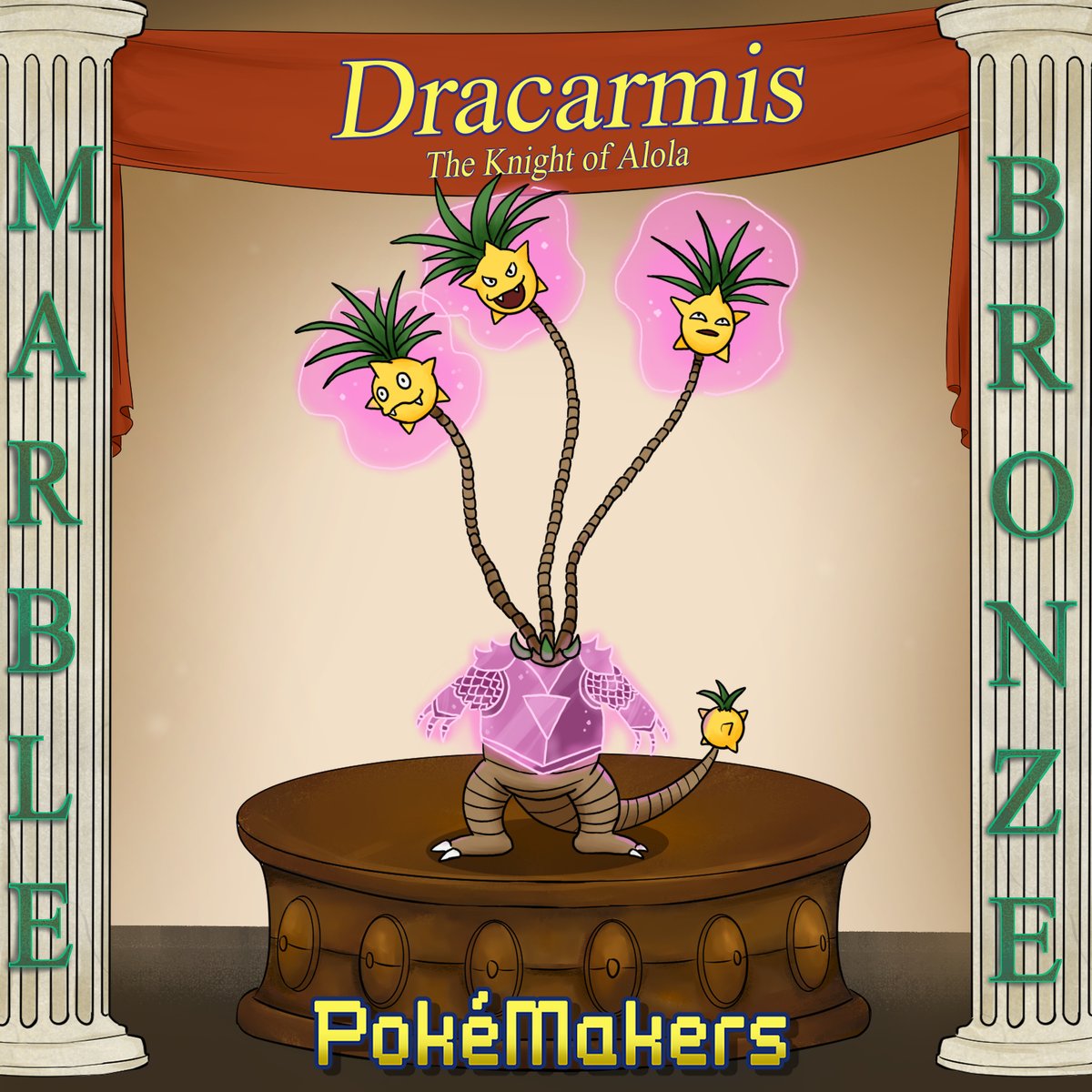 Trainers, meet Dracarmis, the Knight of Alola!

An Exeggutor who has faced great trials may don the Sacred Armor that allows it to attain power to protect Alola. Its latent psychic abilities have awoken, and letting it guard its heads to wield them as flails.

#Fakemon #RenciaDex