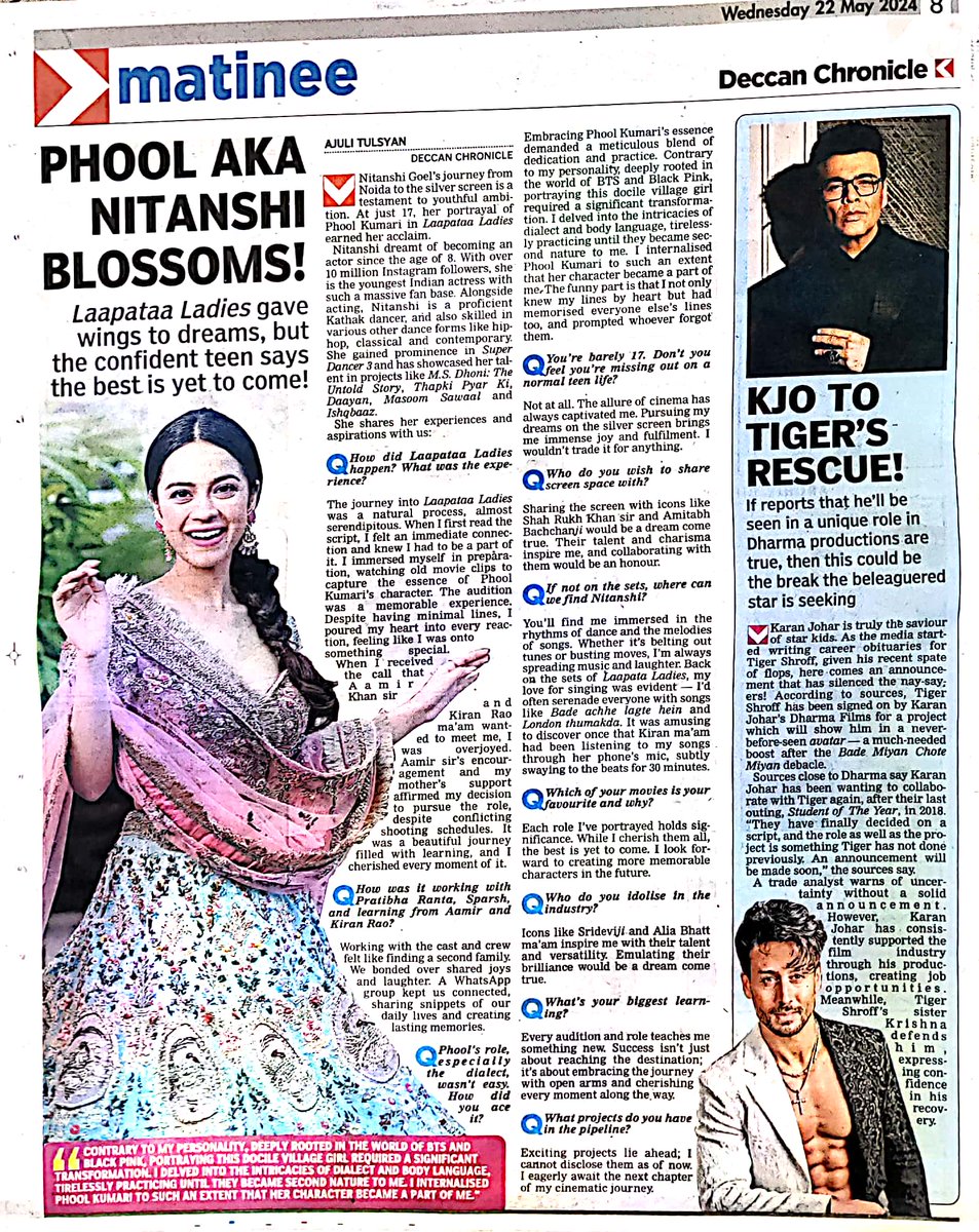 Meet the 17 year-old Nitanshi Goel, who played the role of Phool Kumari in Laapataa Ladies...in today's edition of Deccan Chronicle. @nitanshi_goel #laapataaladies #phoolkumari #nitanshigoel #aamirkhanproductions #bollywood #actress #actorslife