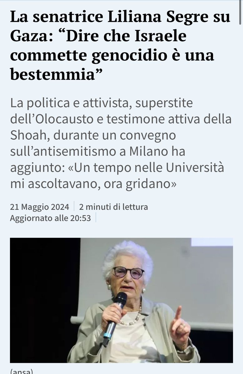 Un tempo nelle università ti ascoltavano Segre perché ancora non avevano capito chi eri. Ora finalmente hai fatto cascare la maschera pure tu. La bestemmia l'hai detta tu sputando sul genocidio. Che schifo immondo. Nessun dio perdonerá questo scempio.