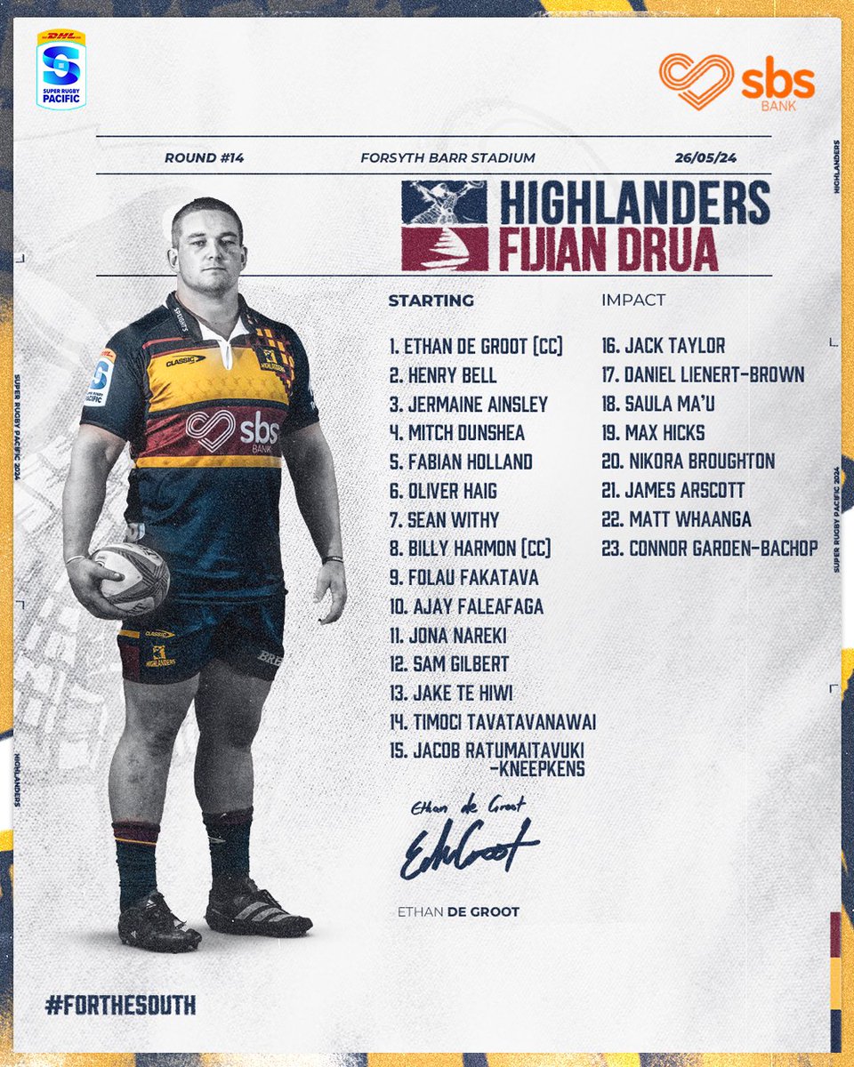 SQUAD | Your Highlanders to take on the Fijian Drua at Forsyth Barr Stadium, for Super Rugby Pacific Round #14 🔥

Your last chance to see the Highlanders at home so grab your ticket and we'll see you there! ticketek.co.nz/Highlanders