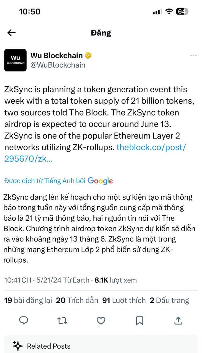 🔥🔥🔥 #zkSync đang lên kế hoạch ra mắt token vào ngày 13/6 với tông cung 21 tỷ token #zk 

📢 Ae sẵn sàng chờ link check cho big airdrop trong thời gian tơi
📢 Hiện tại giá OTC #ZK đao giao dịch ~ 0.75

#zksync #airdrop #Retroactive