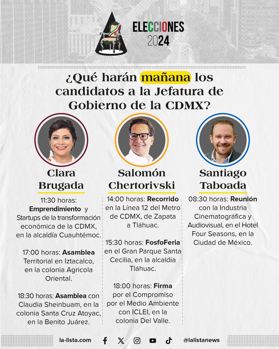 Estas son las actividades que los candidatos a la Jefatura de Gobierno, @ClaraBrugadaM, Salomón @Chertorivski y @STaboadaMx, tienen programadas para mañana. No te pierdas nuestras cobertura especial rumbo a las #Elecciones2024. 📌t.ly/nb0Gl