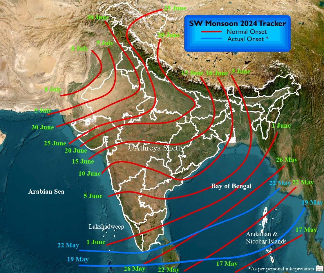 #Monsoon2024 has advanced further and now covers entire #Andaman islands, most of Sri Lanka and south BoB and parts of southeast #ArabianSea. The current NLM is just about grazing the southern tip of #Bharat and #Minicoy in #Lakshadweep, but onset over Kerala has not yet taken