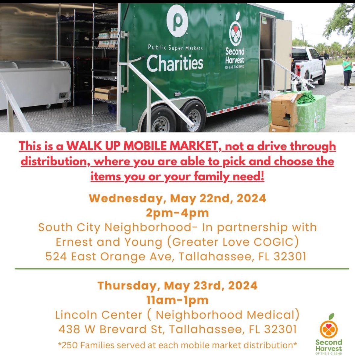 Tomorrow and Thursday, TLH! Each Mobile Market distribution will be able to serve 250 families, and remember it is first come, first served. Items you should expect to receive will be fresh produce, dry product, bread and protein. Neighborhood Medical Center