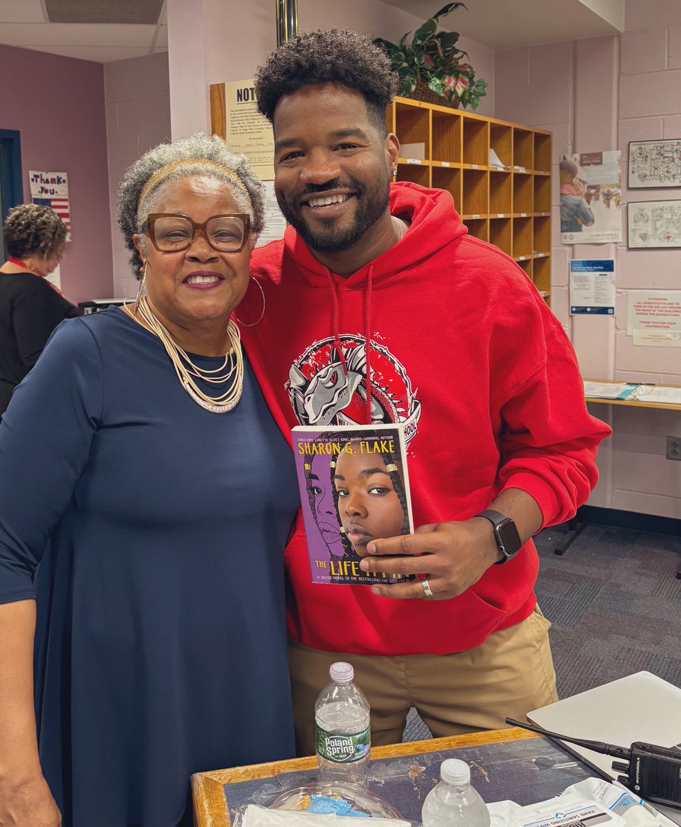 Great day at work got a chance to talk with <a href="/sharongflake/">SHARON G. FLAKE</a> a magnificent author &amp; storyteller that helped shaped my childhood &amp; teaching!! Thanks for talking to our Ss. <a href="/sharonmdraper/">Sharon M. Draper</a> you are next for me to meet one day! Keep inspiring!! ❤️