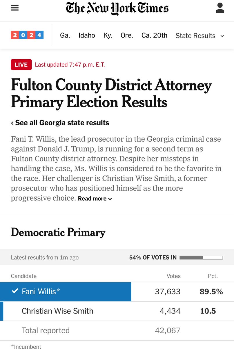 undergradwoman's tweet image. Breaking: #FaniWillis, #FaniForDA and #FaniForFulton news: Fani Willis just won the Fulton County primary in a landslide! nytimes.com/interactive/20…