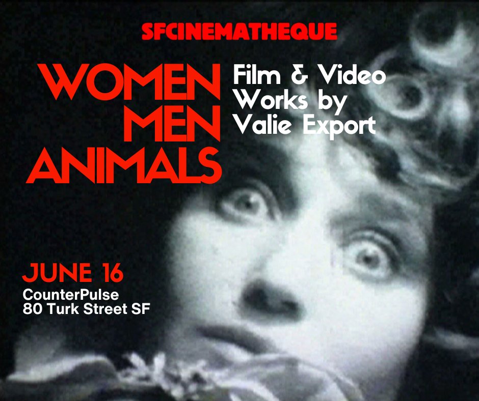 SFCinematheque's tweet photo. Upcoming screening announcement!
WOMEN/MEN/ANIMALS: FILM AND VIDEO WORKS BY VALIE EXPORT
June 16th @CounterPulse
https://t.co/wtzkt6JMZ5 

#sfcinematheque #experimentalfilm #ValieExport https://t.co/j2lXxHDb8Y