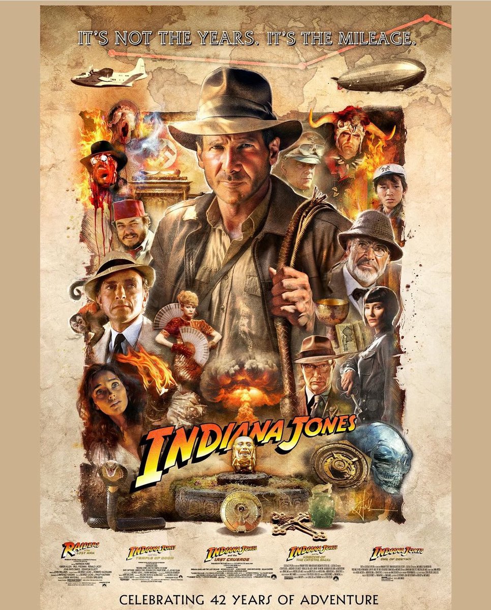 Terrific new poster (and alternate) by Erik Hollander featuring all five Indy films. Kudos, sir! 
#IndianaJones