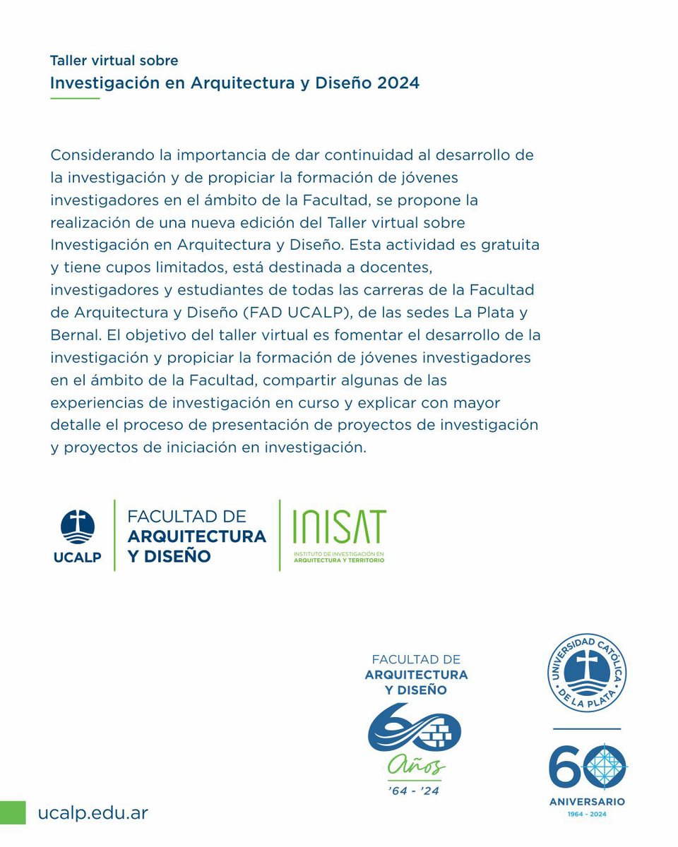 Facultad de Arquitectura y Diseño UCALP (@fad_ucalp) on Twitter photo 📢 Taller virtual sobre Investigación en Arquitectura y Diseño. Destinado a docentes, investigadores, graduados y estudiantes FAD UCALP. Inicia 31 de mayo 2024
🗒️Inscripciones en forms.gle/aQmMZG6jNiYgwJ…
#FAD #UCALP #ucalparquitectura #ucalpdiseño #Investigacion #FADucalp60años 📢 Taller virtual sobre Investigación en Arquitectura y Diseño. Destinado a docentes, investigadores, graduados y estudiantes FAD UCALP. Inicia 31 de mayo 2024
🗒️Inscripciones en forms.gle/aQmMZG6jNiYgwJ…
#FAD #UCALP #ucalparquitectura #ucalpdiseño #Investigacion #FADucalp60años