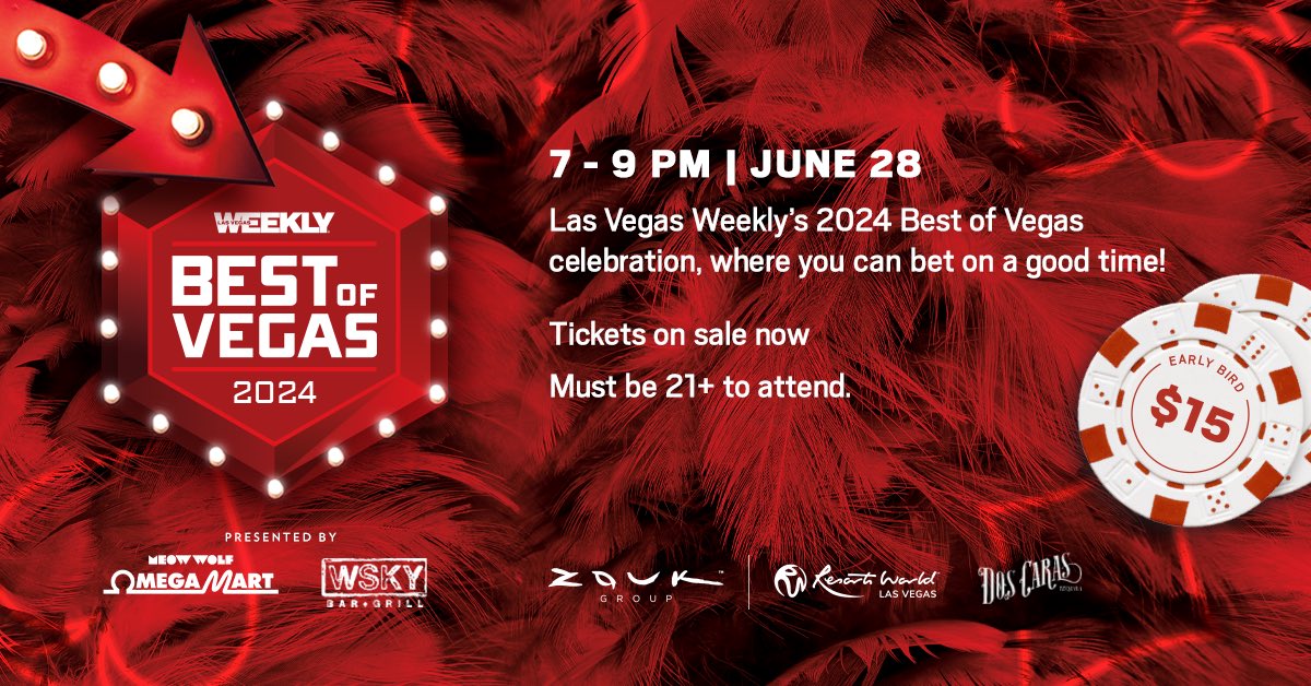 Let the good times roll and grab your tickets for Las Vegas Weekly’s 2024 Best of Vegas party presented by Meow Wolf’s @OmegaMartUSA and @WSKYbarandgrill! The celebration will take place at Zouk Nightclub inside @ResortsWorldLV. Must be 21+ to attend. lasvegasweekly.com/bestofvegas2024