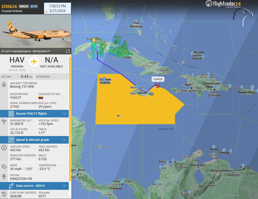 #TURPIAL YV621T del régimen de #Venezuela 

#Habana-#Caracas | t.ly/q00DB

🚨Girando al este, no puede atravezar el FIR de #Jamaica por algún motivo.🧐

#Now #ADSB #cuavion #Cuba #21May