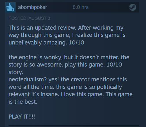 'After working my way through this game, I realize this game is unbelievably amazing. 10/10' Thanks for playing through Neofeud! store.steampowered.com/app/673850/Neo… #indiegame #IndieGamesFestival #SteamDeck #steamdeals #adventuregamefriday #RetroGaming #cyberpunk