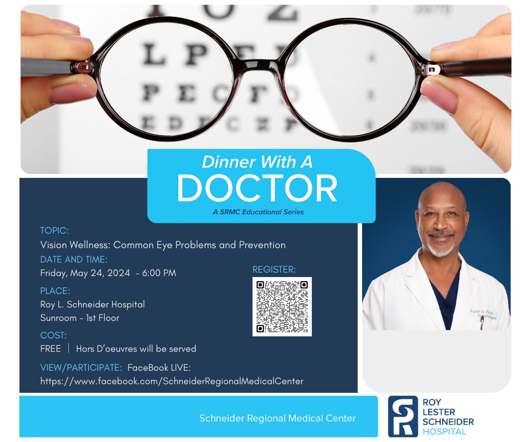 Join us for Dinner with a Doctor on Friday, May 24th at 6pm!  Dr. Byron Biscoe will discuss eye health, including diabetic eye disease, and how to prevent common issues. Bring your questions! Take charge of your vision health.  See you there! #MayVisionHealthMonth #VisionCare