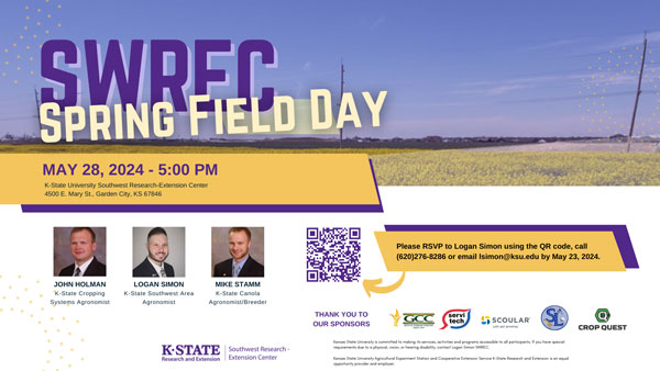 K-State’s Southwest Research-Extension Center invites producers, allied industry representatives and anyone interested in agriculture to attend this year’s Spring Field Day. The Spring Field Day will be on May 28. Check out the article to RSVP, bit.ly/4bASKU5