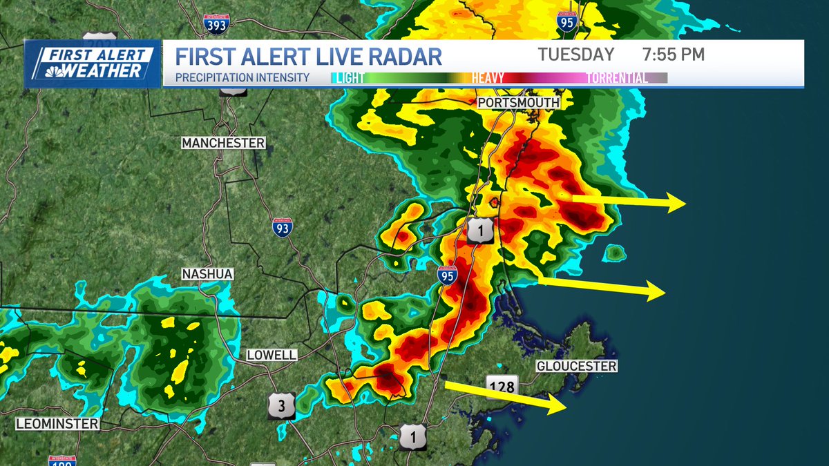 Non severe storm rolling off the Seacoast while the tail heads toward Cape Ann. Solid downpours, some wind gusts and heavy rain with this line.