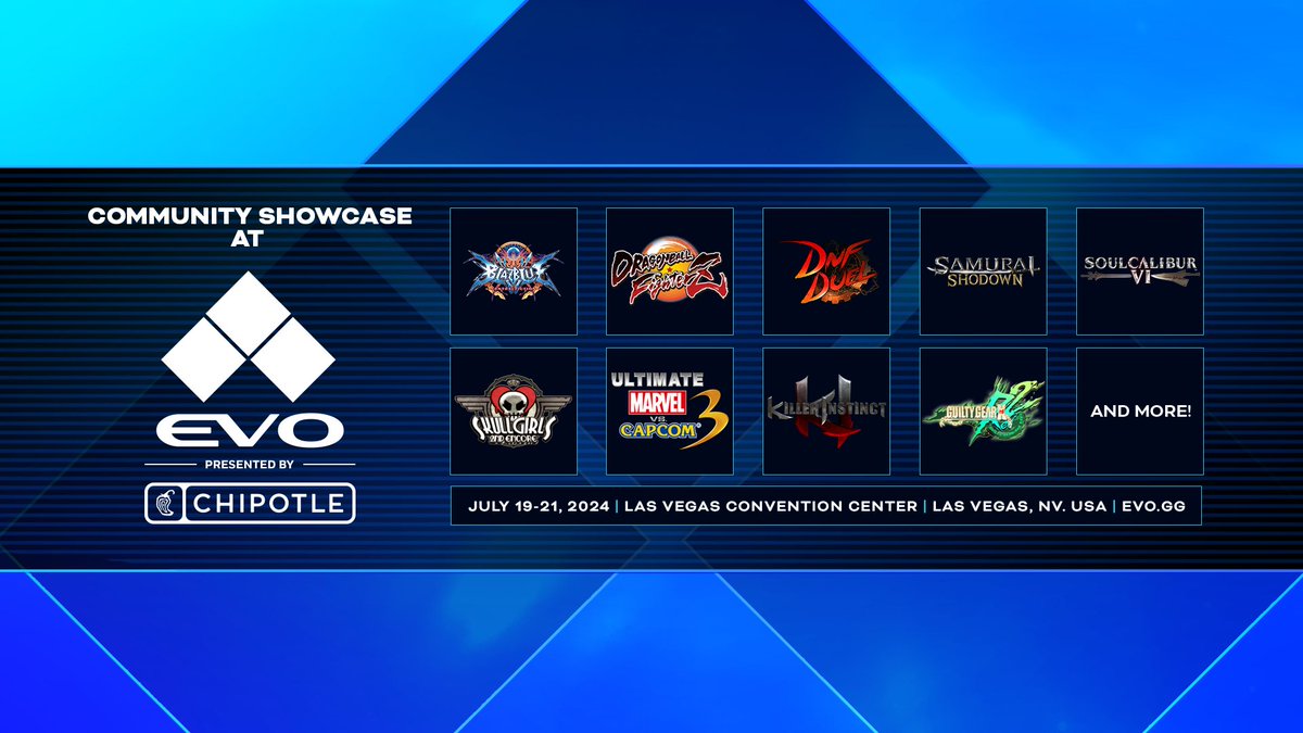 Introducing the games that will be featured as part of the Community Showcase at #Evo2024: - BlazBlue Centralfiction - BlazBlue: Cross Tag Battle - Capcom vs. SNK 2 - DNF Duel - DRAGON BALL FighterZ - Guilty Gear Xrd REV 2 - Guilty Gear XX Accent Core +R - Killer Instinct -