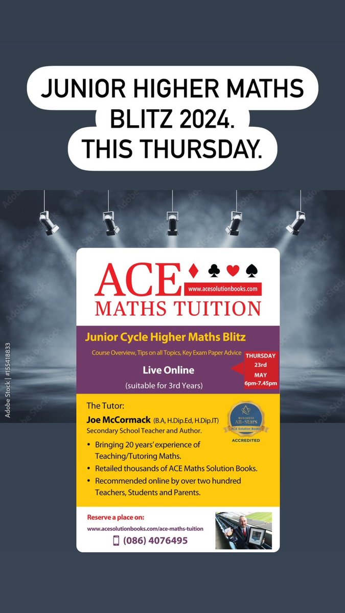 ACEMathsTuition's tweet photo. Parents of 3rd Years - Maths Blitz Thursday! 

Final call now for my 3rd Year Higher Maths Revision Blitz on this Thursday only at 6pm (Live Online). All students will be sent a set of course notes! Revision of topics expertly covered.

Pop me a quick PM if  ‘Interested’. Joe. 🙂 https://t.co/Nk5mkI6Cr4