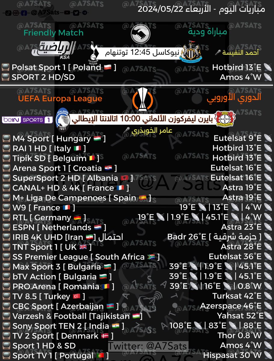 جدول القنوات الناقلة و المعلقين لمباراة اليوم 
الأربعاء | 22-05-2024 

▪️مباراة ودية في استراليا 🏴󠁧󠁢󠁥󠁮󠁧󠁿
توتنهام هوتسبر x نيوكاسل يونايتد 
الظهر على السعودية الرياضية مجانا ( نايلسات و عربسات )

▪️ نهائي الدوري الأوروبي 🟠 🏆Europa League Final
باير ليفركوزن الألماني ضد اتالانتا