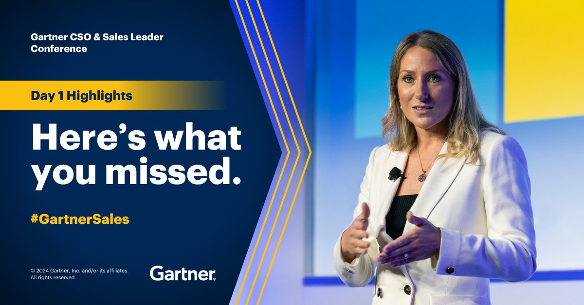 That’s a wrap for Day 1 of #GartnerSales. Highlights from the day include: ✅ This year's opening keynote ✅ #GenAI in #sales orgs ✅ Top #tech for CSOs Learn more on the Gartner Newsroom: gtnr.it/sales24pr1 #CSO