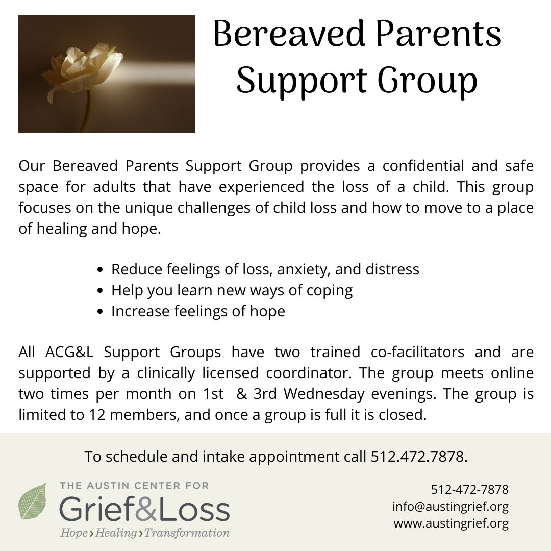 Our Bereaved Parents Support Group has openings. This group aims to focus on the unique needs of parents suffering from child loss. Call 512-472-7878 for more information and to schedule an intake.

#bereavedparents #supportgroups #childlosssupport