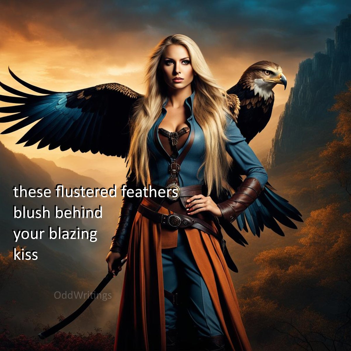 these flustered feathers
blush behind
your blazing
kiss

#Only8Words #KinkPrompt #WritingCommunity

This #poem and image will appear in my book 'Digital Friends 1' : 
amazon.com/dp/B0CW1FSVBC