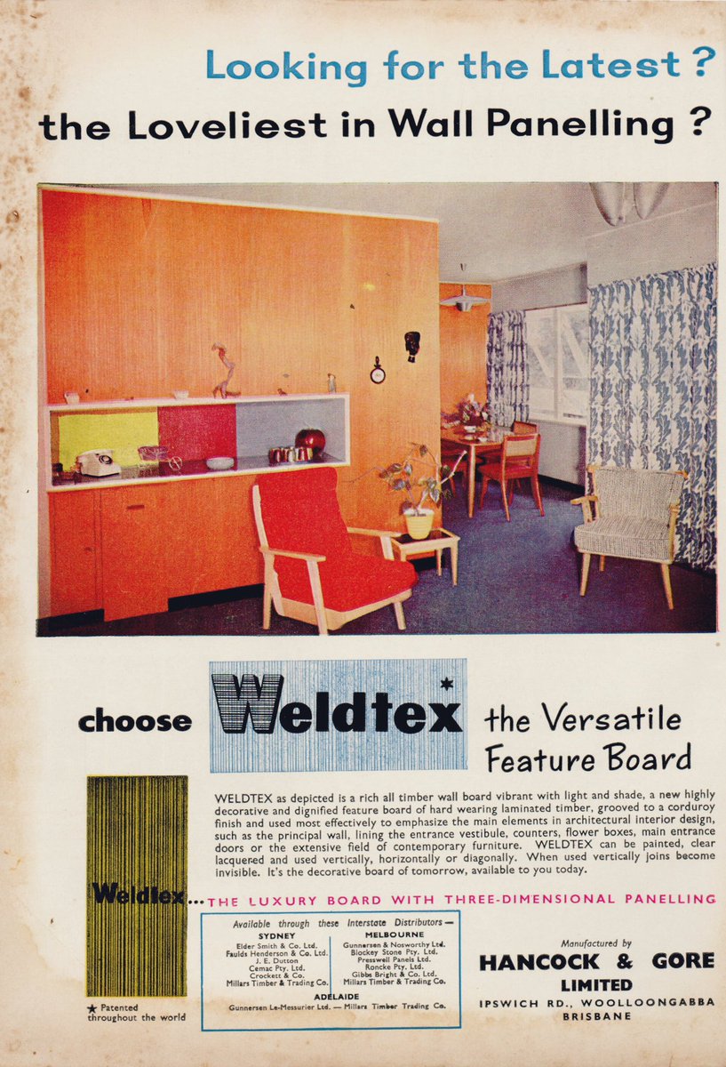 'WELDTEX as depicted is a rich all timber wall board vibrant with light and shade, a new highly decorative and dignified feature board of hard wearing laminated timber...'

(x.com/LaurenRosewarn…)

Hancock & Gore. Australian House and Garden, 1956.