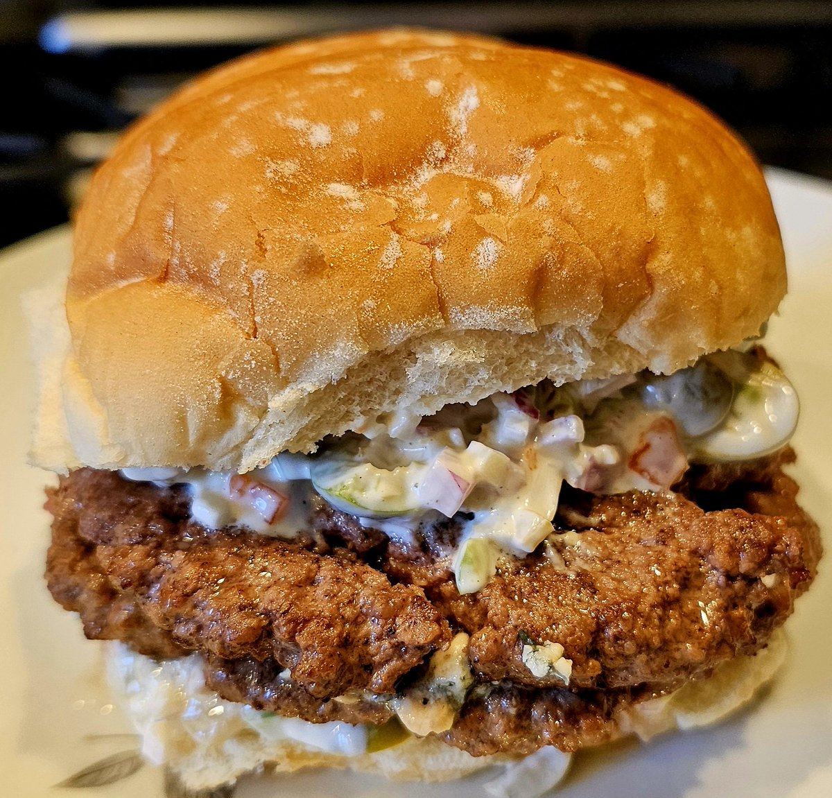 #may21familyfoodnight I don't go to fast food much at all but Burger 81 makes an olive burger that is pretty good. Here is my upgrade on their burger. Two smash burgers, with blue cheese in-between, sauce is mayo, manzanilla and castelvetrano olives, shallot and garlic, yum!