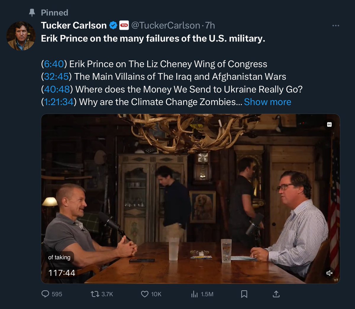 Tucker just launched on Russian TV, timed perfectly with international terrorist Erik Prince coming on his show. As a historical comparison, this is like Himmler making an appearance on Father Coughlin’s show while being broadcast on Nazi radio. Our nation is gravely ill.